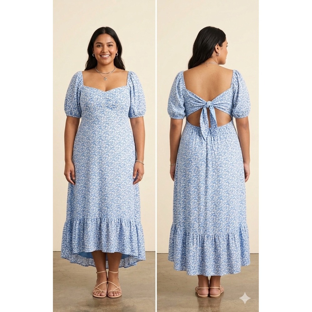 Blu Pepper Maxi Dress Women XL‎ Blue Floral Cutout Back Puff Sleeve Cottagecore